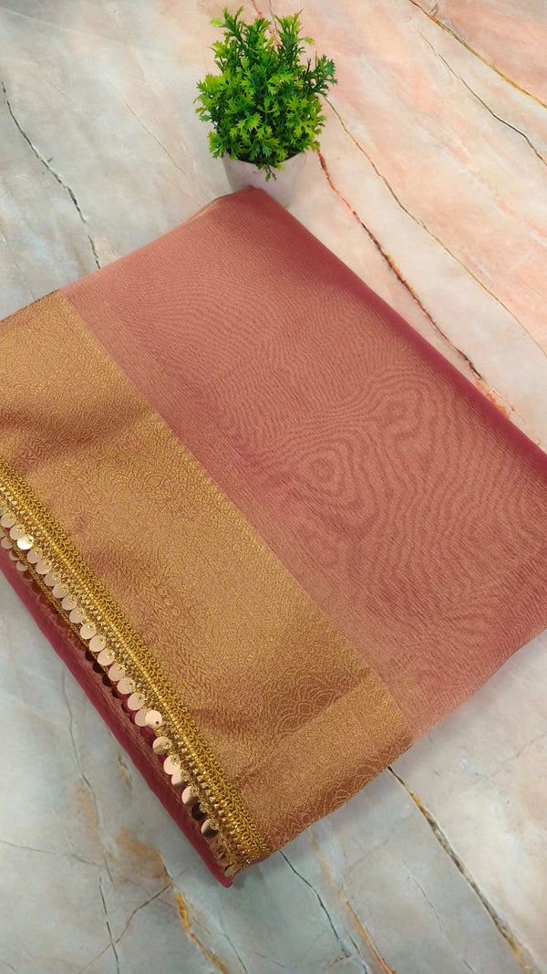 Shimmery Rose pink tissue Silk saree