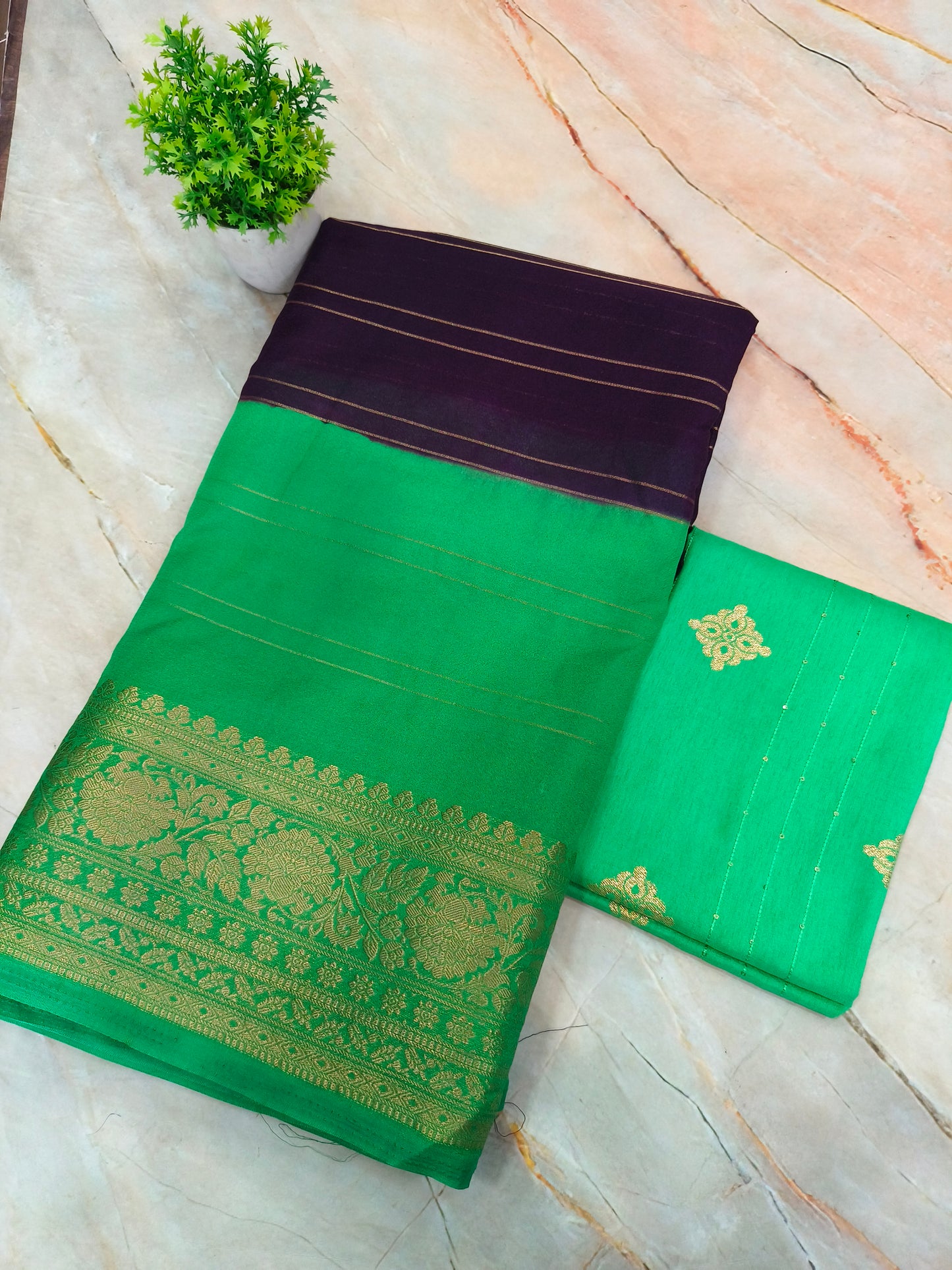 Purple with Green Banarasi silk Georgette saree