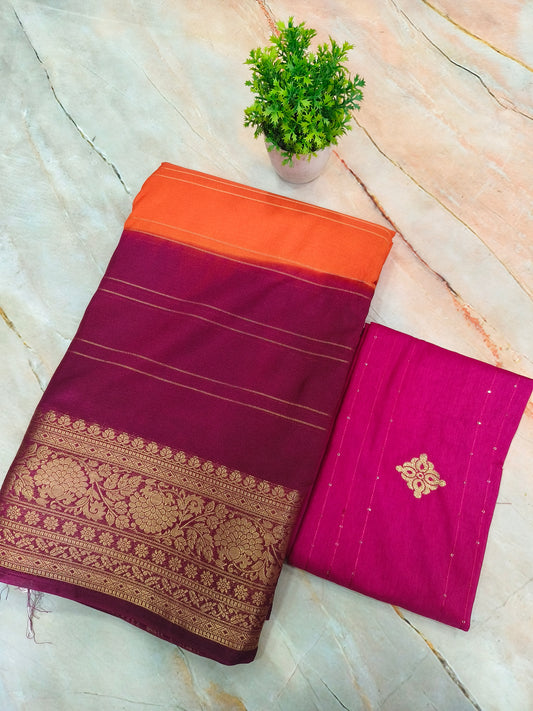 Orange with wine Banarasi silk Georgette saree