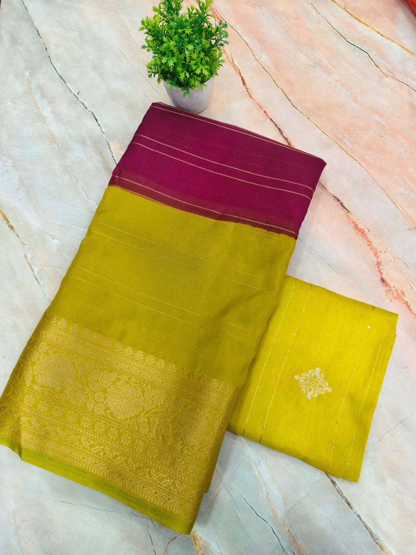 Burgundy with olive green Banarasi silk Georgette saree