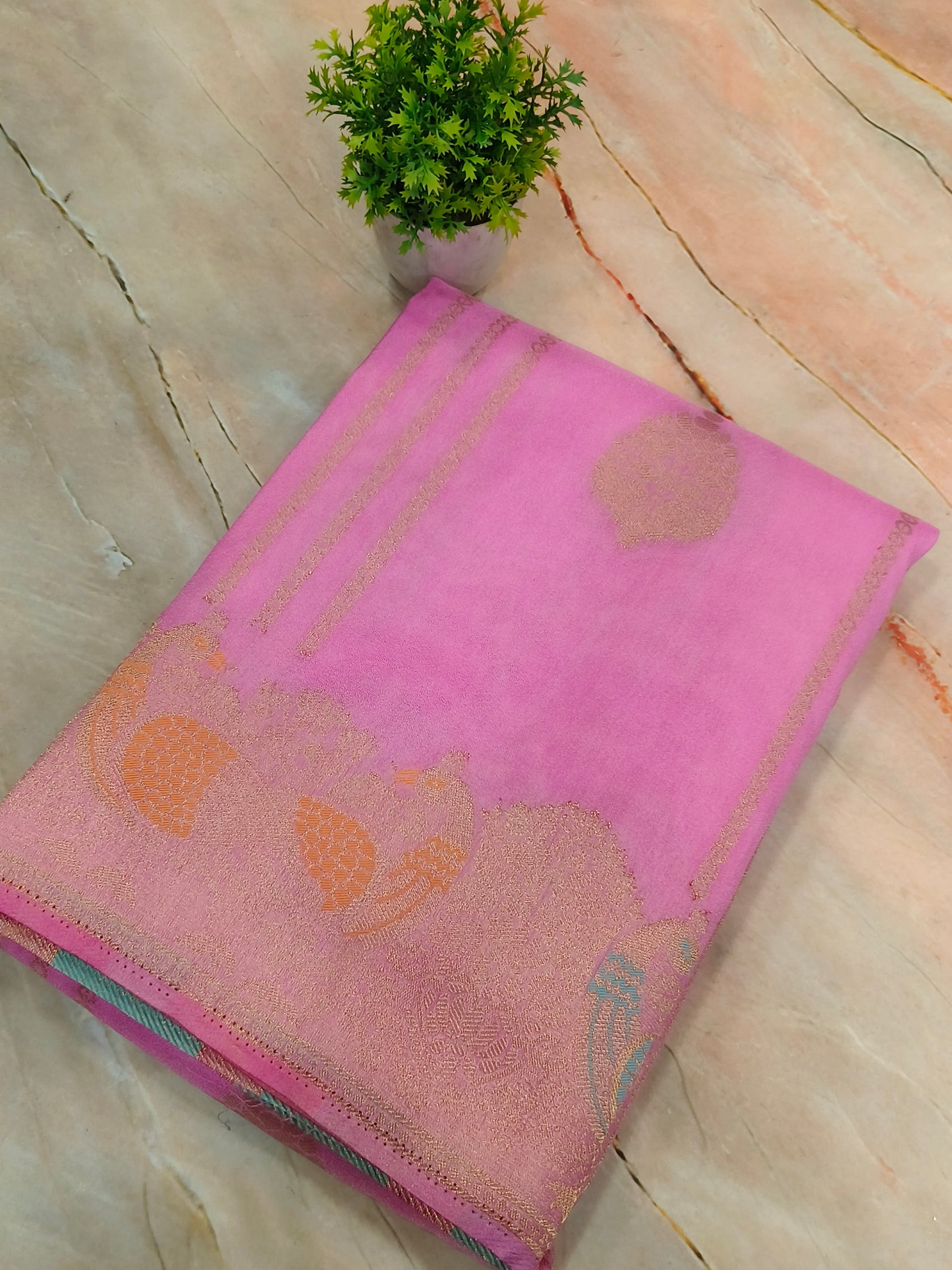 Baby Pink Banarasi silk Georgette saree