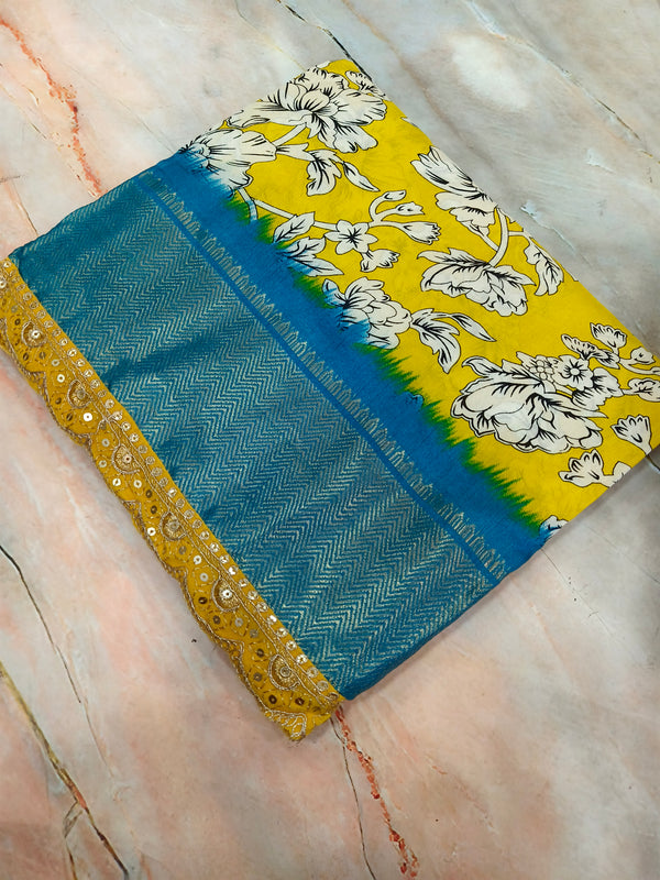 Yellow with sea blue dola silk saree