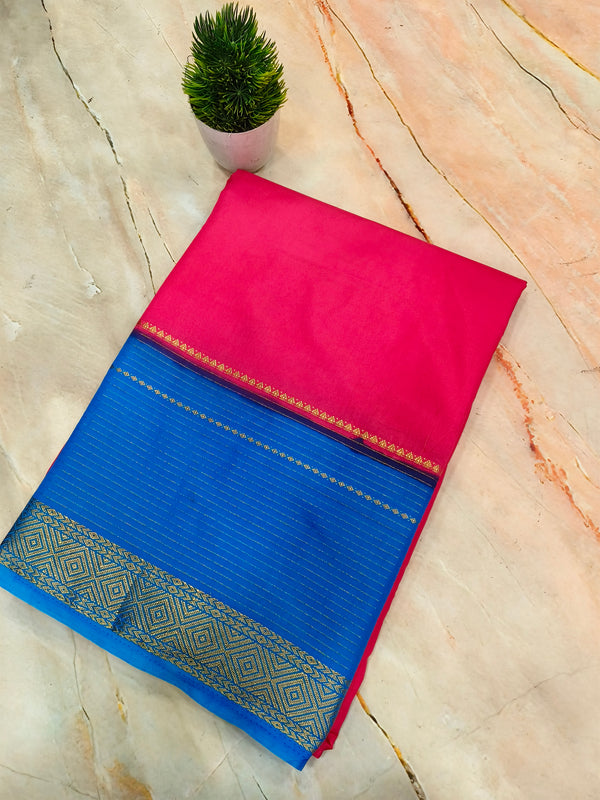 Pink with Blue Semi Mysore Silk saree