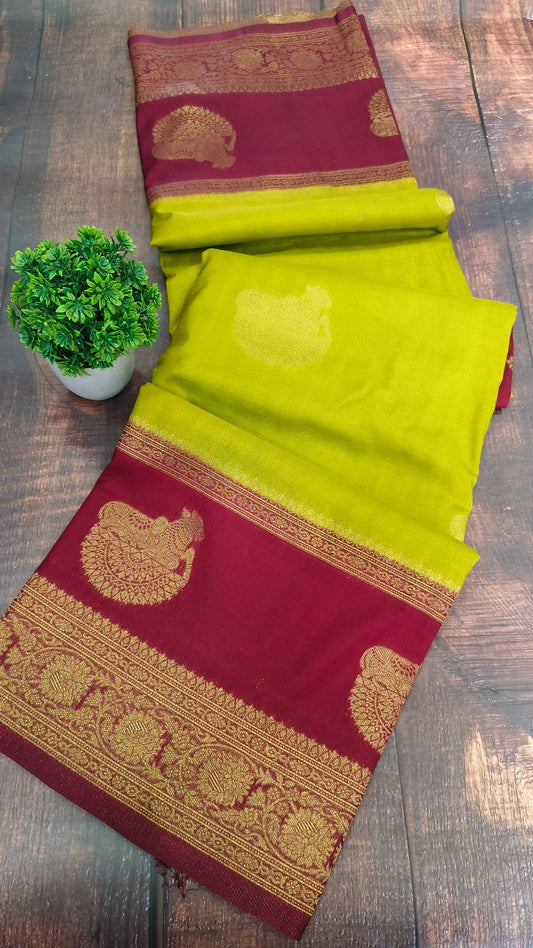 Parrot Green with Maroon Banarasi silk georgette saree