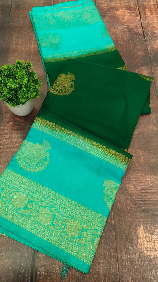 Bottle green With sky blue Banarasi silk georgette saree