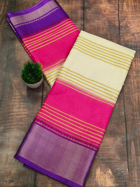 Half white with pink & purple dola silk saree