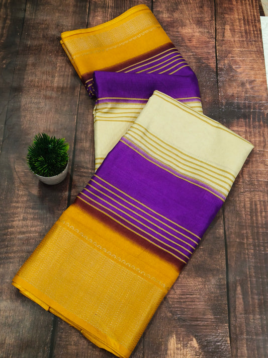 Half white with Yellow & purple dola silk saree