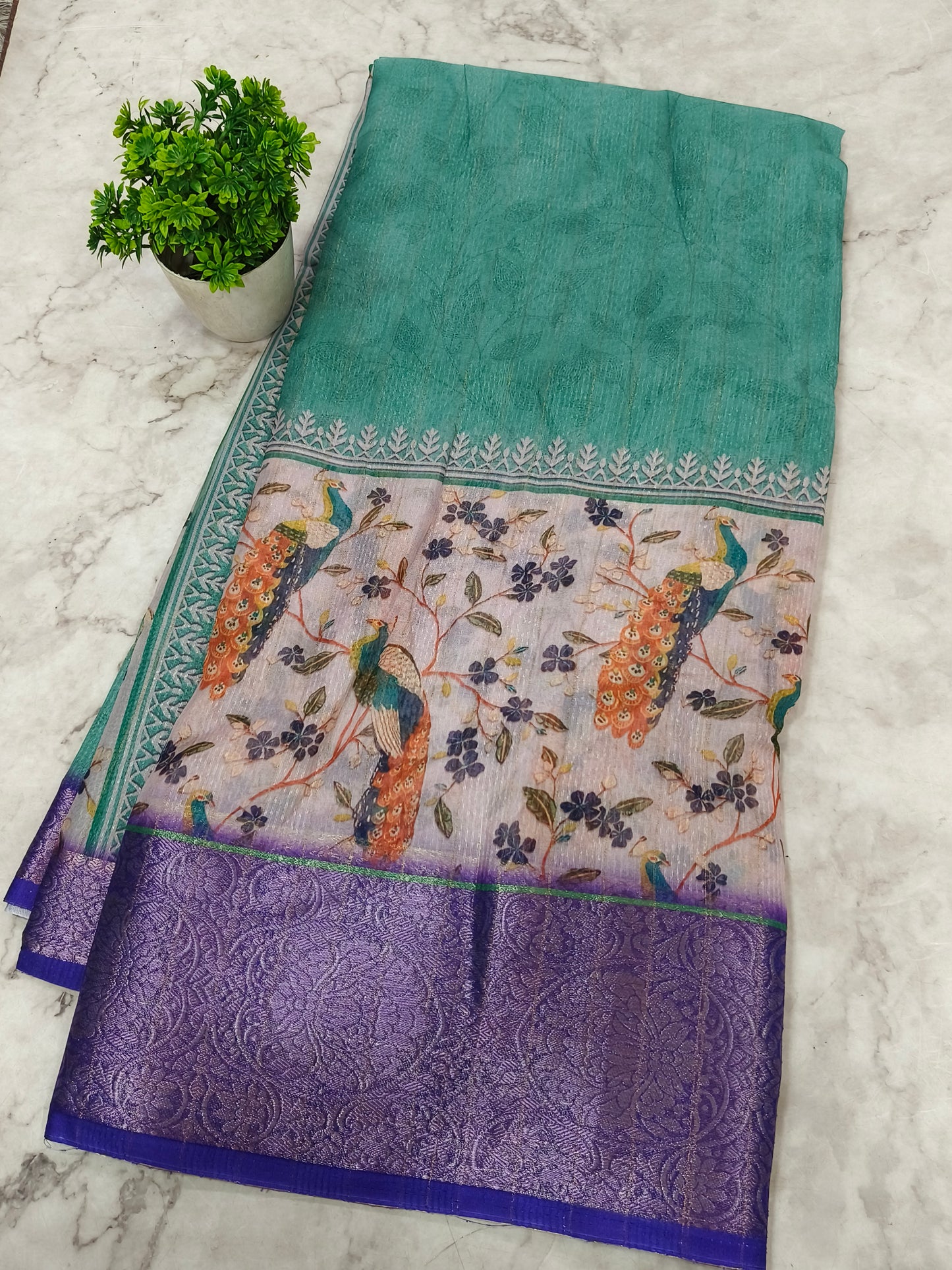 Mint Blue Lenin silk Saree