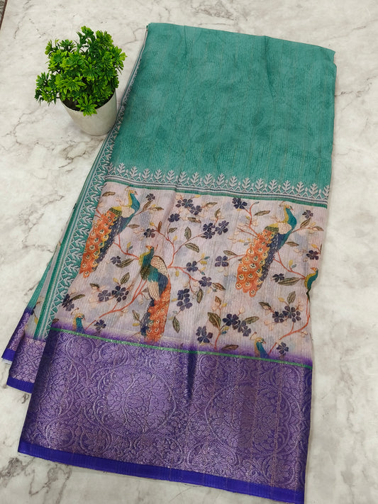 Mint Blue Lenin silk Saree