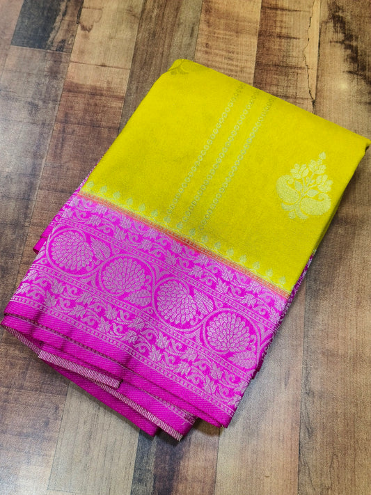 Yellow with Pink Silk georgette saree