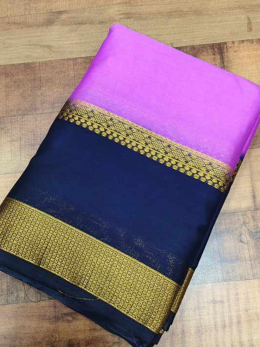 LOTUS PINK WITH DARKBLUE   SEMI MYSORE CREPE SILK