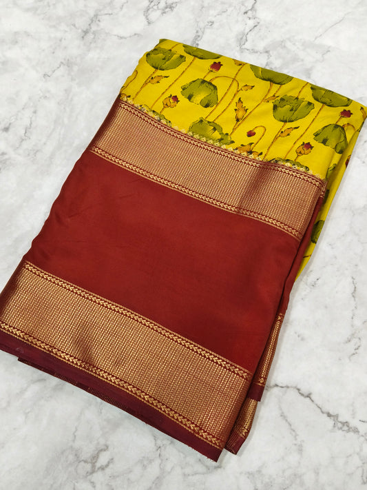 Yellow with Brown crepe silk saree