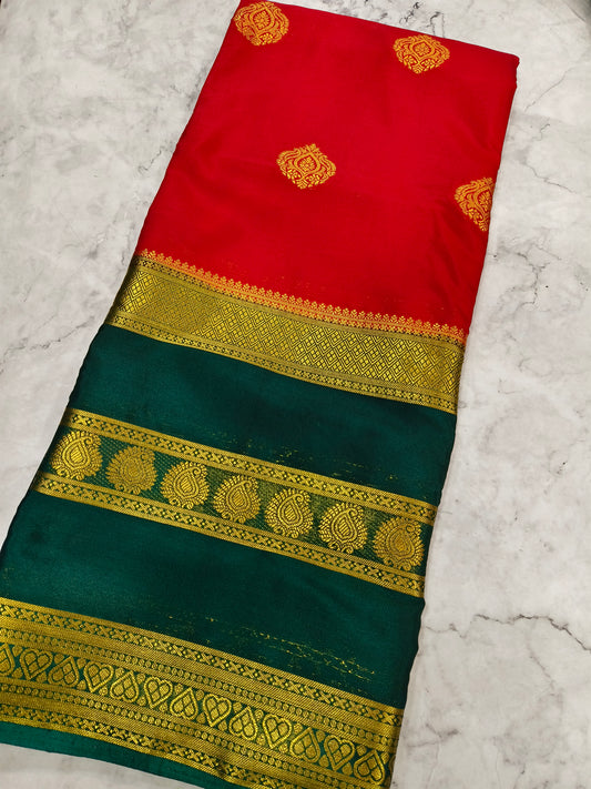 Red with bottle green crepe silk saree