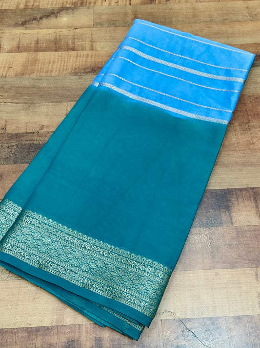 Aqua blue with Rama green crepe silk saree