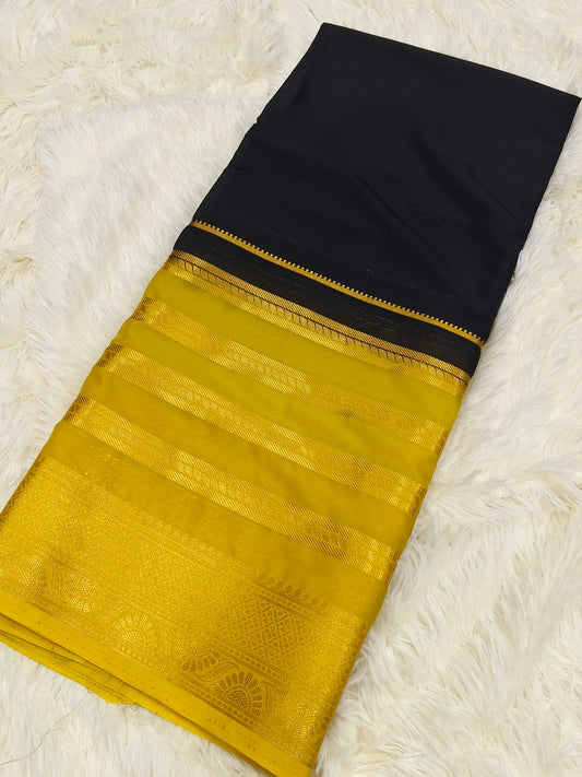 Black With Yellow 2D semi Mysore crepe silk saree