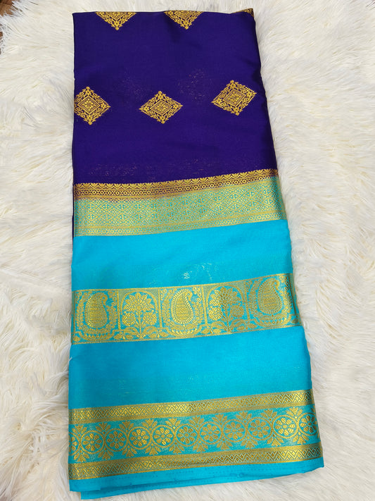 Purple with aqua blue crepe silk saree