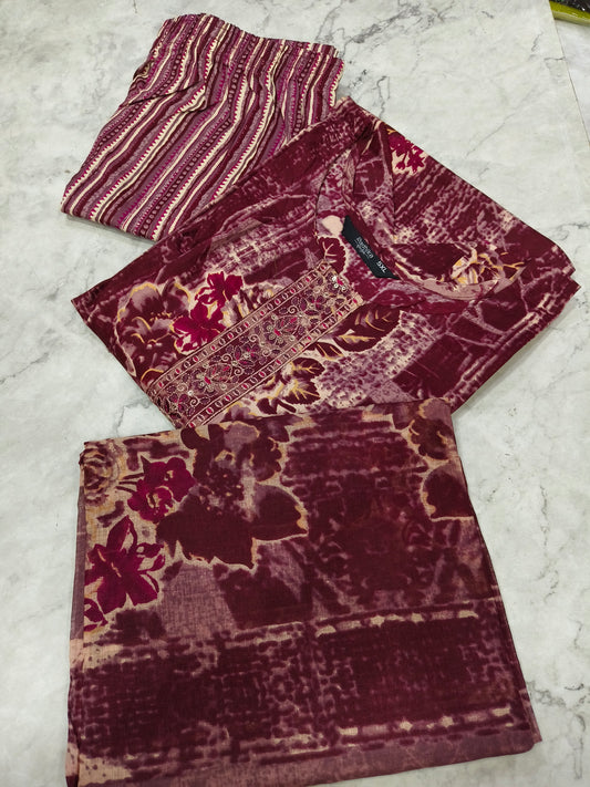 Wine Pure Cotton sets with duppata
