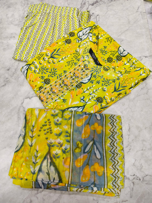 Greenish yellow Pure Cotton sets with duppata