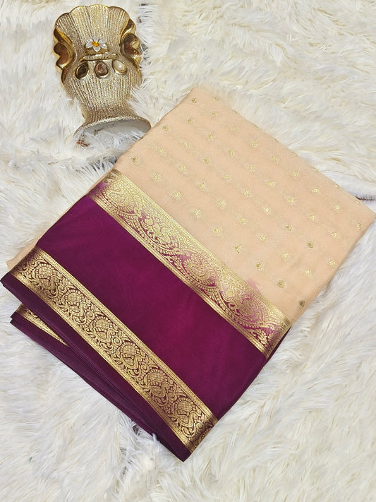 Beige with maroon semi Mysore crepe silk saree