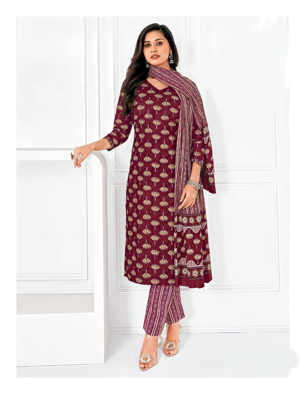 Wine Cotton sets with duppata