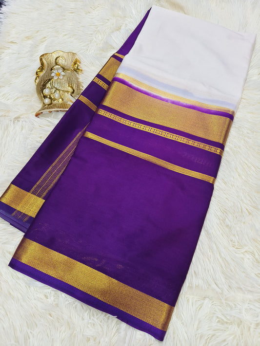 White with purple crepe silk saree