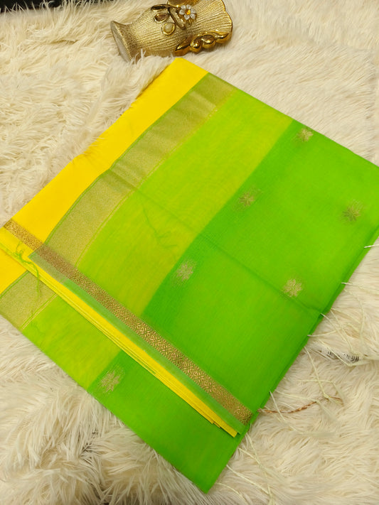 Lemon Yellow With Green Maheshwari Cotton
