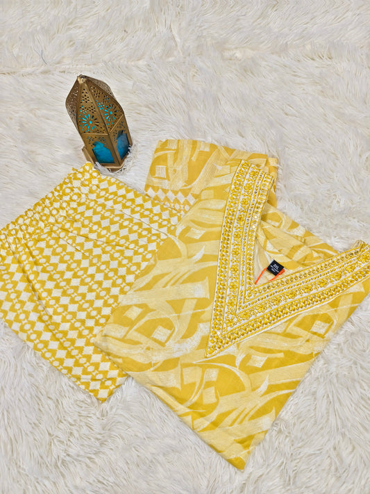 Yellow V neck Cotton sets with duppata