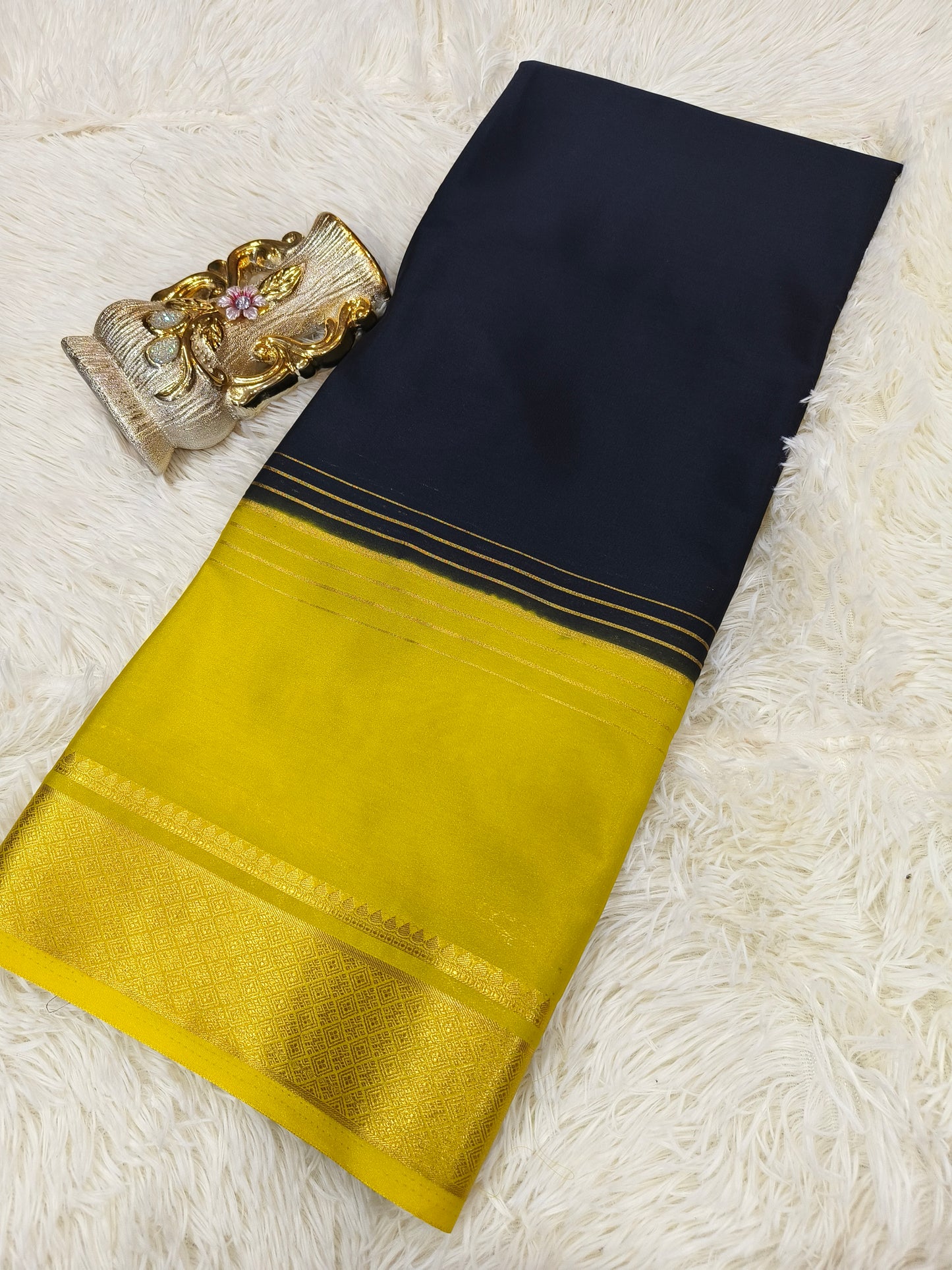 Black with Yellow semi Mysore crepe silk saree