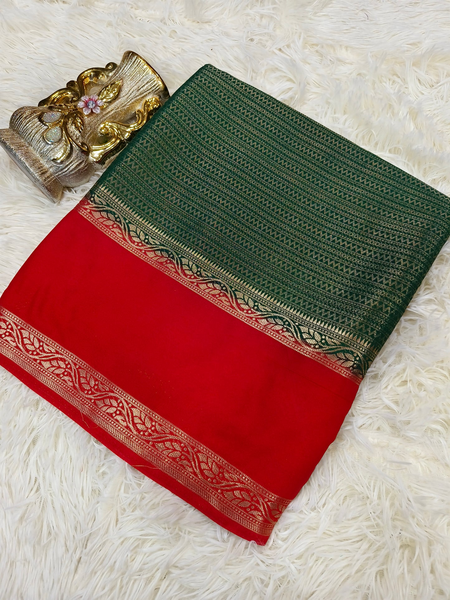 Green with red brocade silk saree