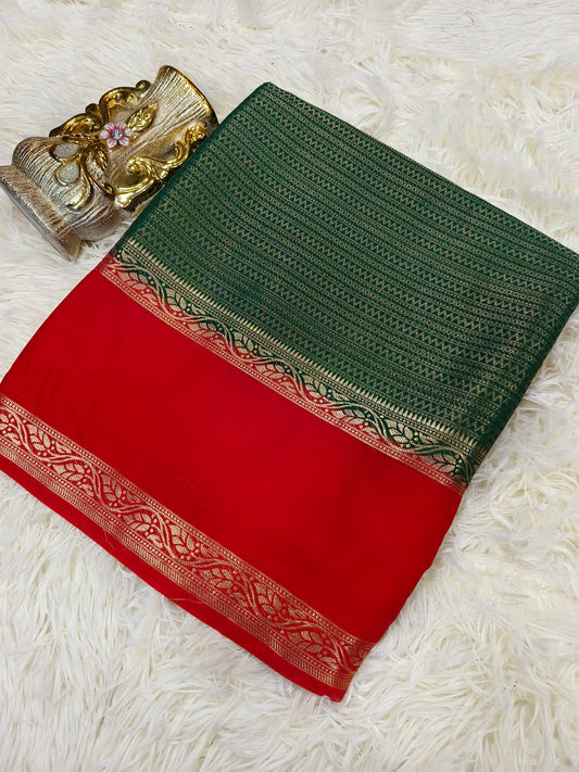 Green with red brocade silk saree