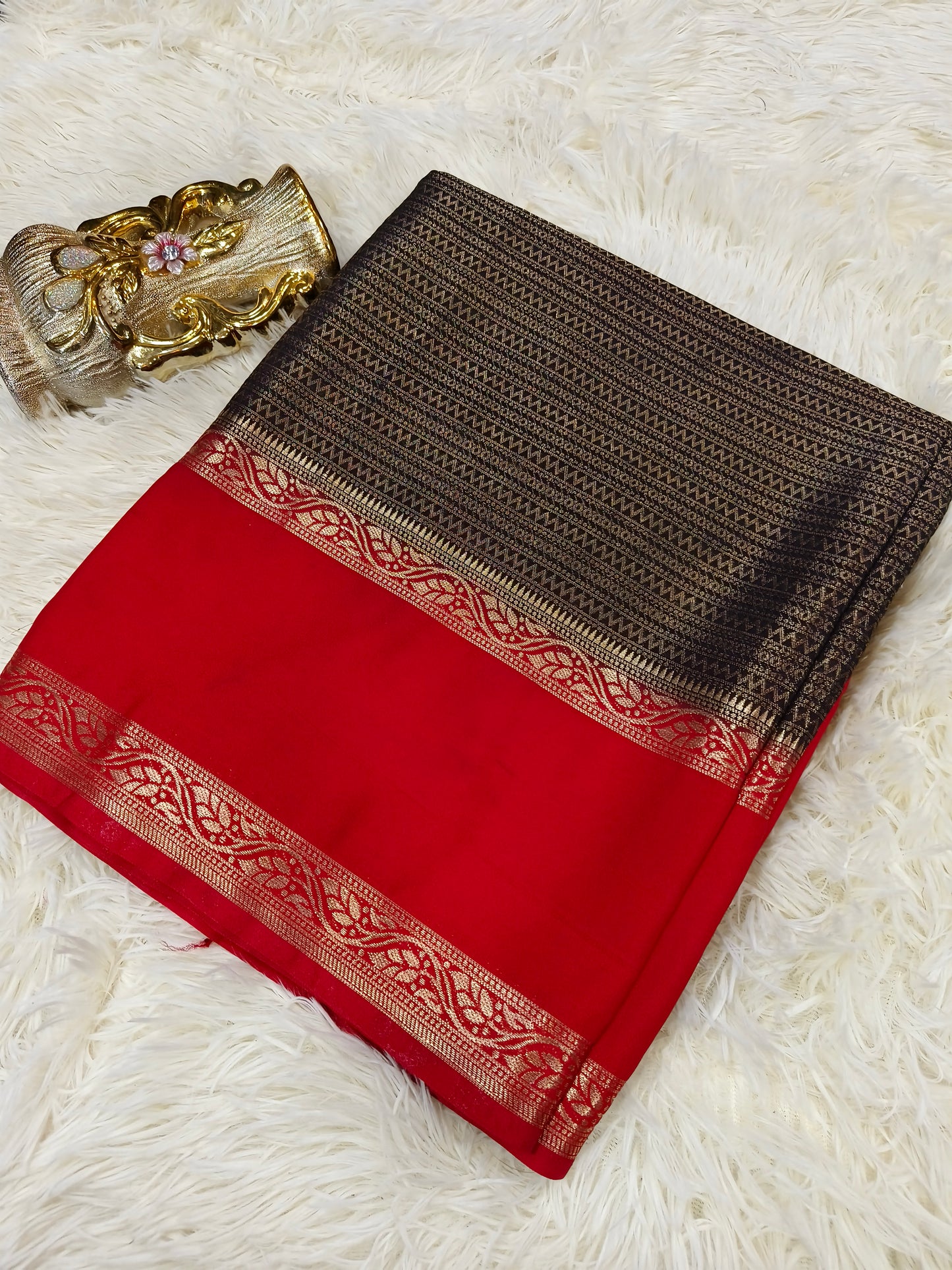 Black with red brocade silk saree