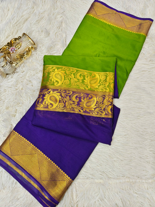 2D green with purple  Semi Mysore crepe silk