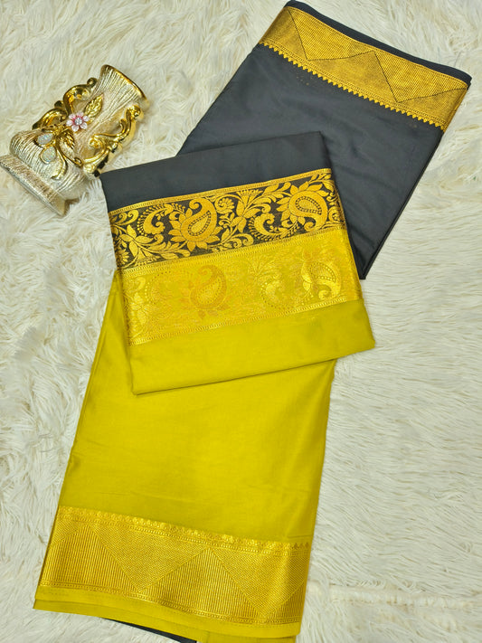 2D greenish yellow with black Mysore crepe silk