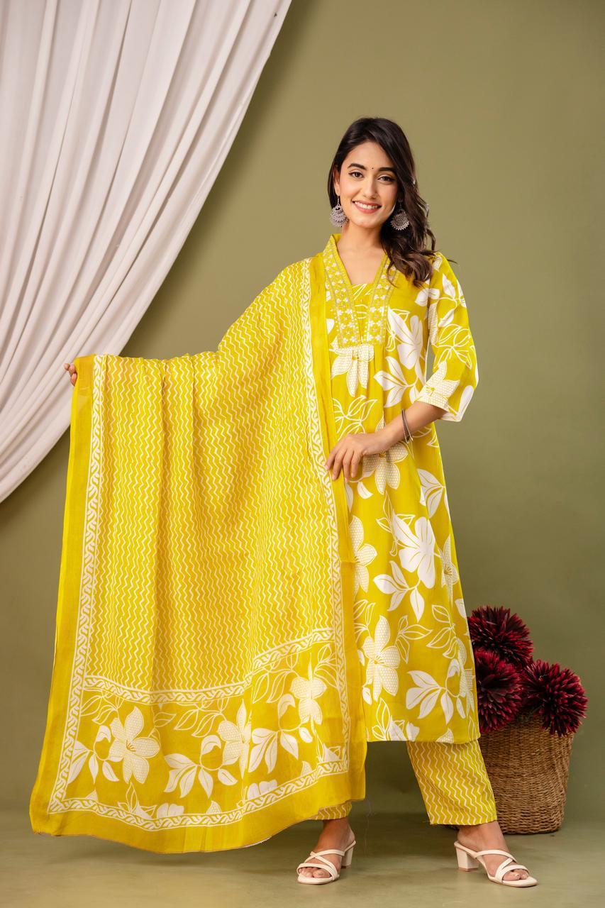 Yellow designer cotton suit