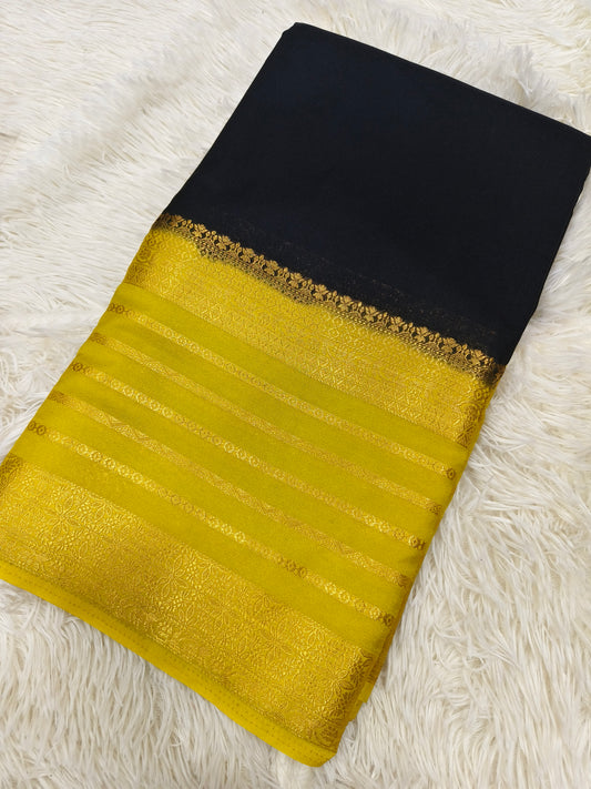 Black with yellow crepe silk saree