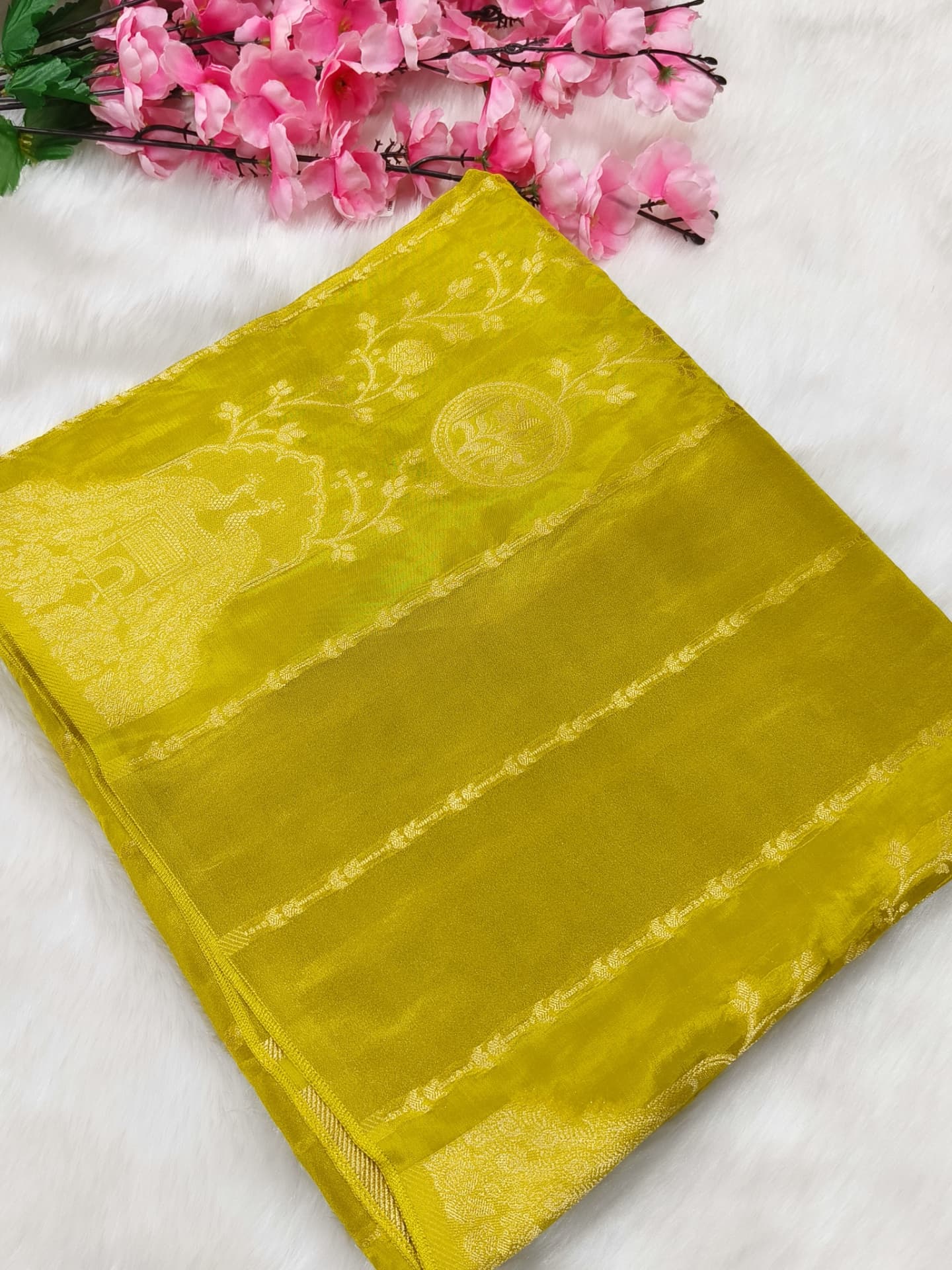 Neon green soft shimmer silk saree