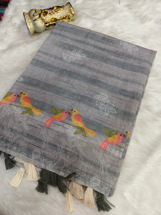 Gray Lenin silk Saree