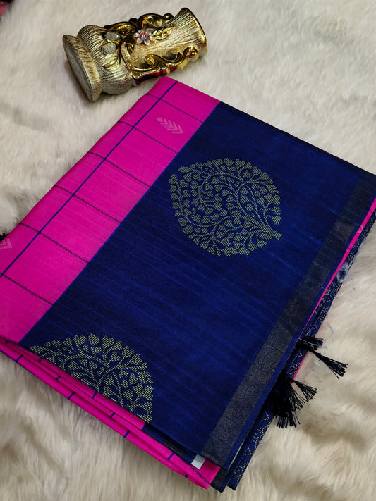 Pink with Navy Blue Soft tussar silk saree