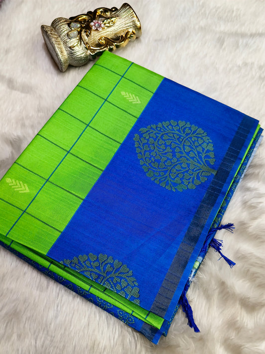 Parrot Green with Royal blue Soft tussar silk saree