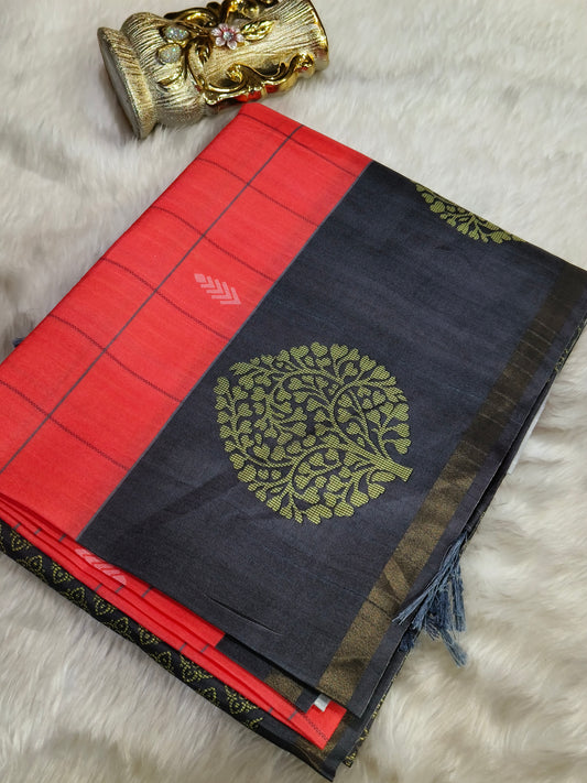 Peach with grey Soft tussar silk saree