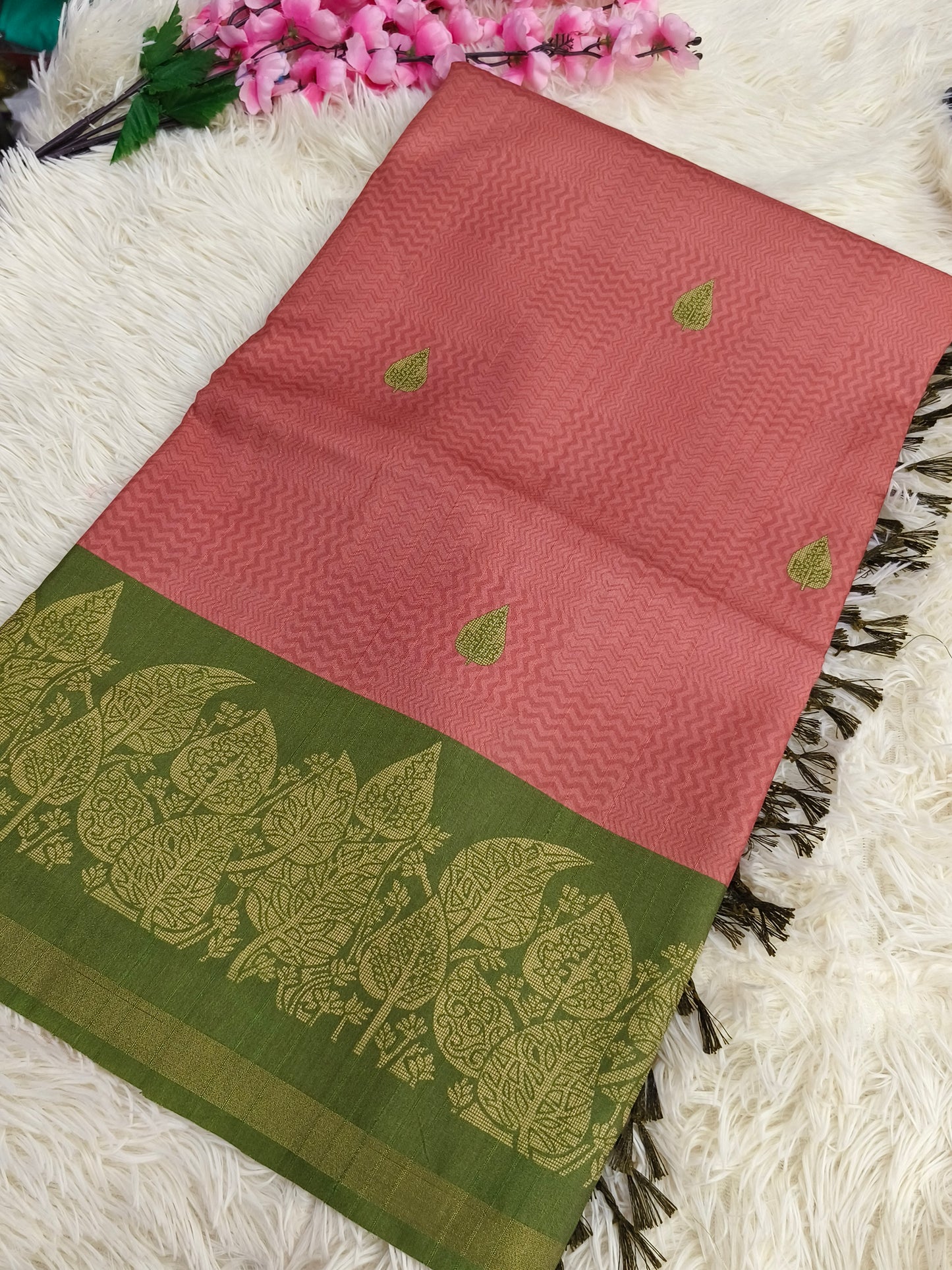 Peach with parrot green Soft tussar silk saree