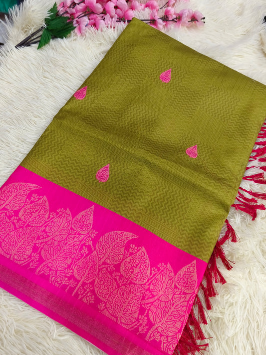 Parrot green with light pink Soft tussar silk saree