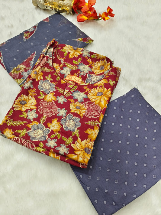 Maroon With Gray Pure Cotton Suit