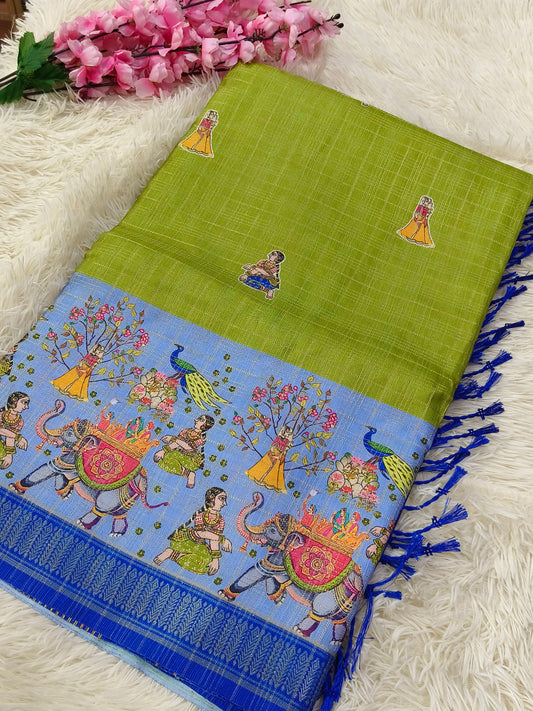 Parrot green with light Grey Soft tussar silk saree
