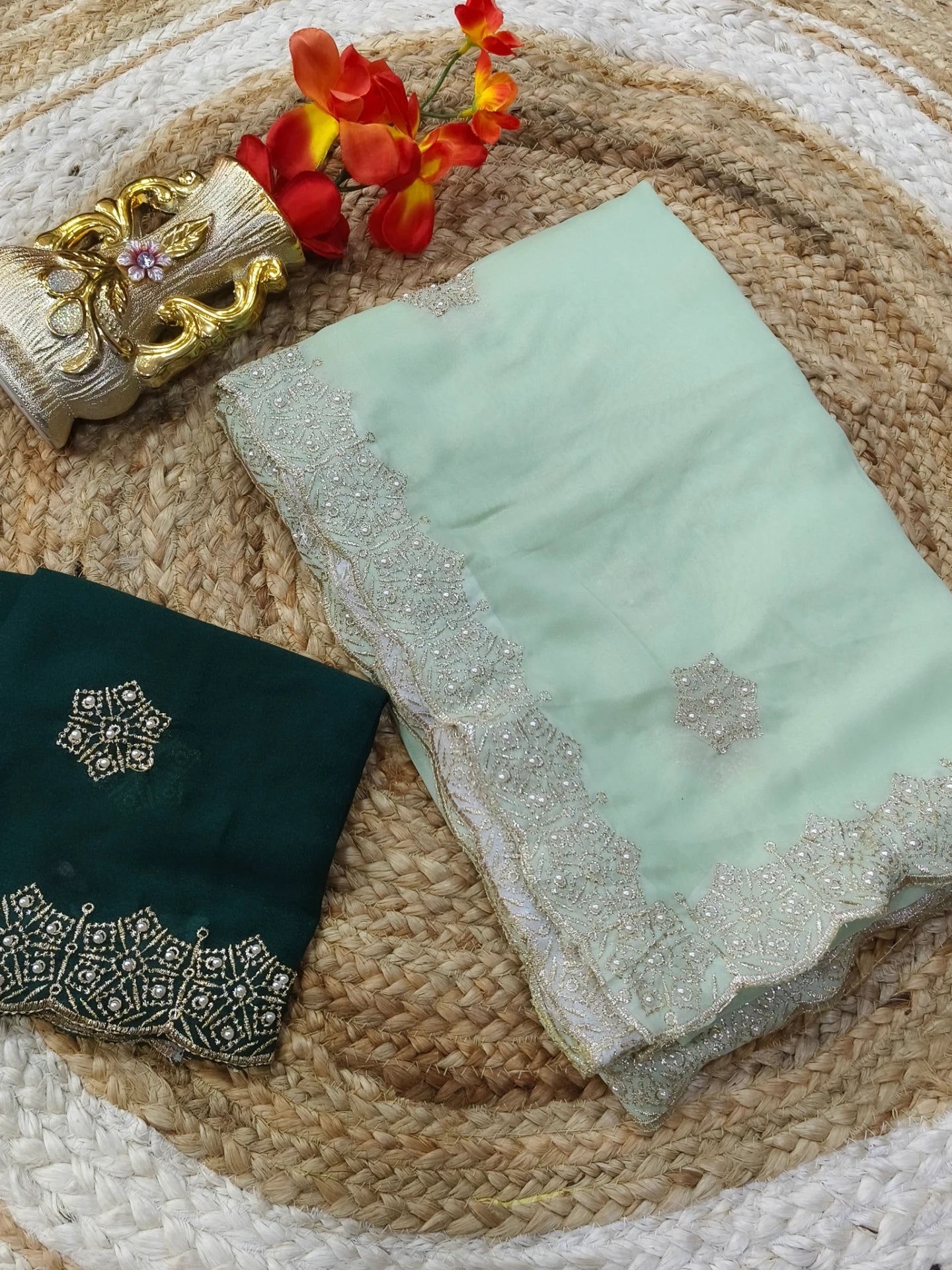Pista Green Designer Georgette silk Saree