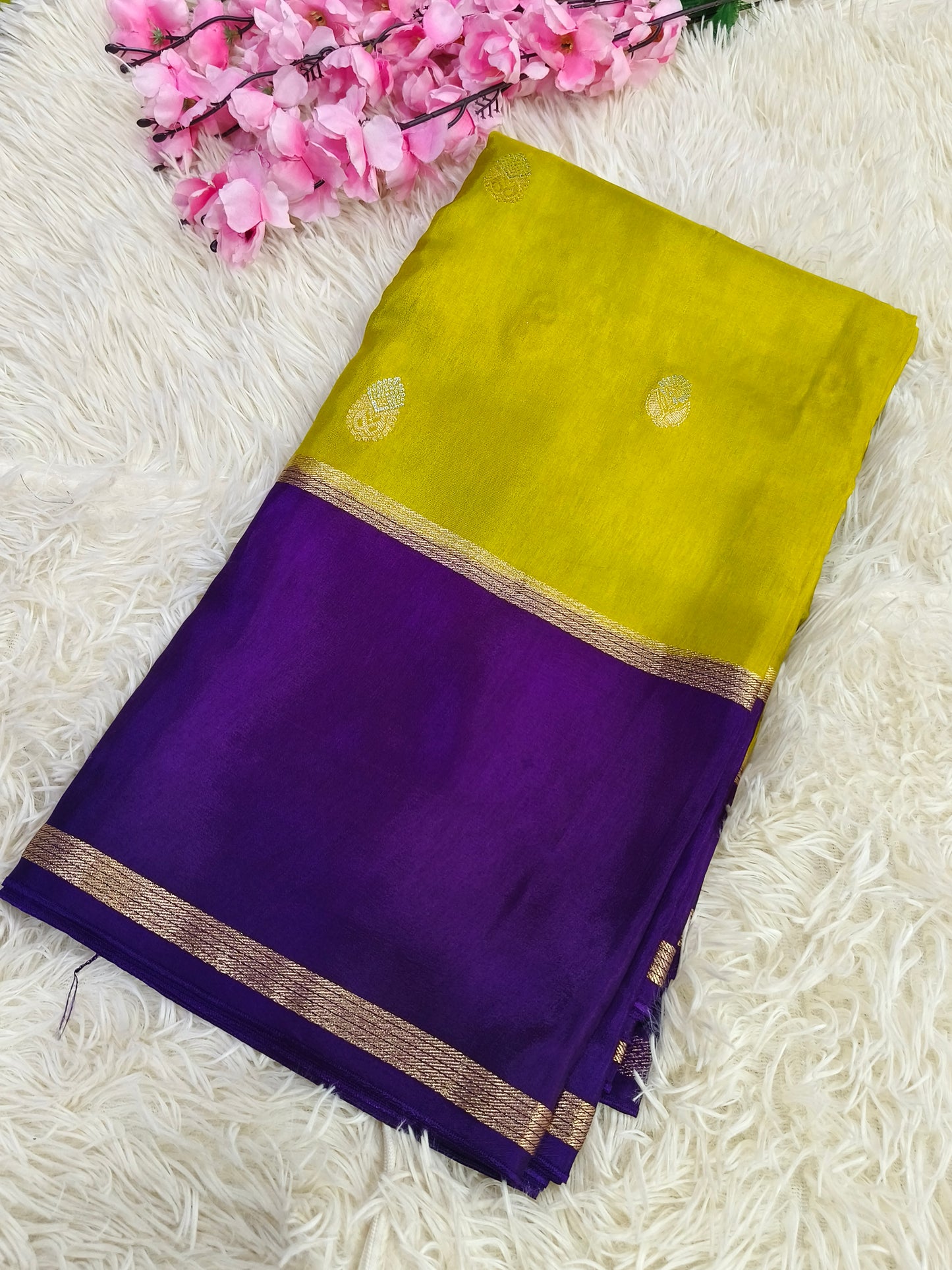 Lemon Green with purple Munga silk saree