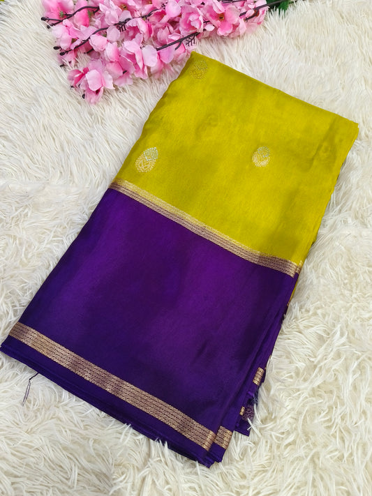 Lemon Green with purple Munga silk saree