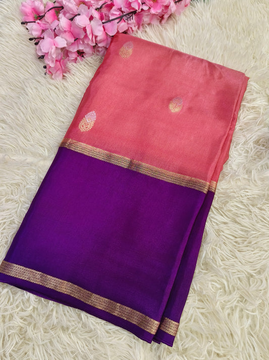Peach with purple Munga silk saree