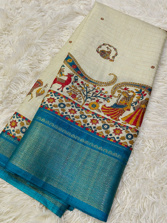 Cream with Rama blueLenin silk Saree