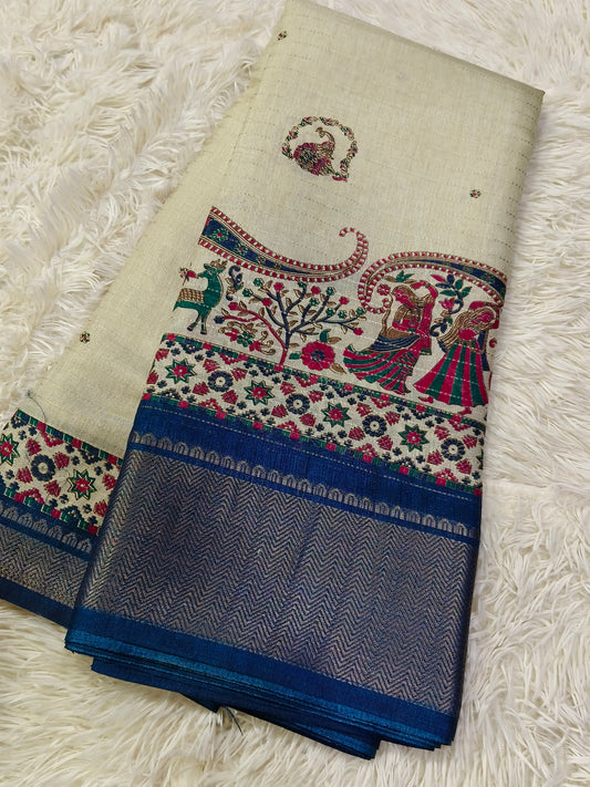 Cream with blueLenin silk Saree